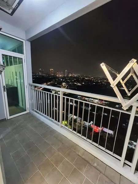 Room features: balcony with railing, city skyline view, tiled flooring, outdoor furniture, night lighting, glass sliding door, exterior wall, urban landscape; view: city.