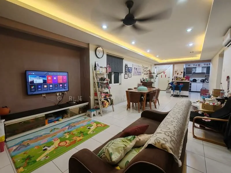 Living features: 3-seater fabric sofa in brown, coffee table, wall-mounted TV, TV console, area rug with cartoon pattern, ceiling fan with light, recessed LED downlights, decorative wall clock, open shelving unit, wall art, white painted walls, tile flooring; style: modern. Dining features: 6-seater dining table, upholstered dining chairs, decorative wall art, white painted walls, tile flooring; style: modern. Kitchen features: open kitchen layout, white cabinetry, stainless-steel sink, built-in oven, freestanding range oven, microwave, tile backsplash, tile flooring; style: modern.