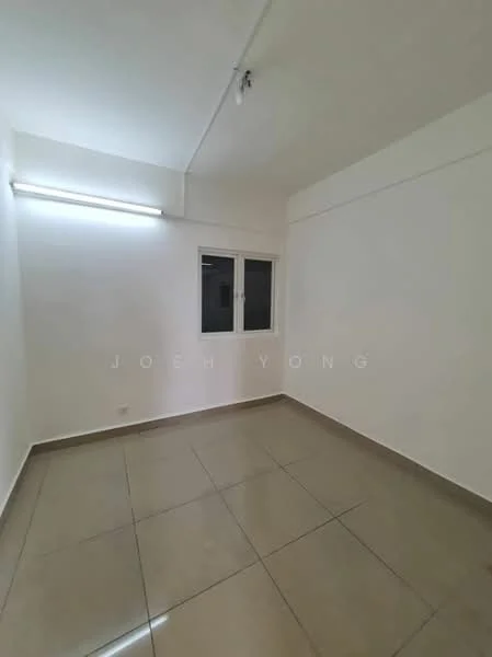 Room features: white painted walls, glossy ceramic tile flooring, single window, LED strip lighting, neutral color scheme; style: modern.