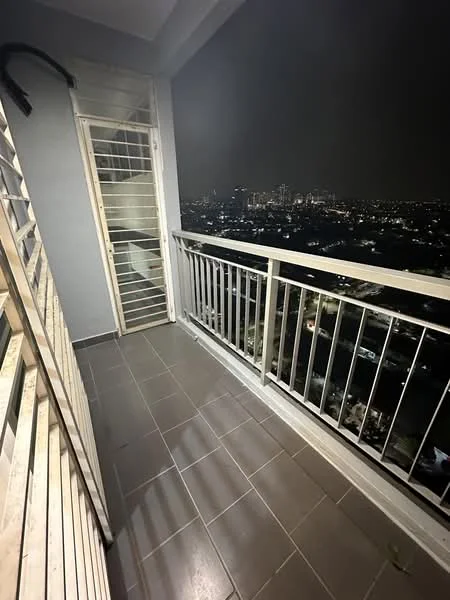 Balcony features: tiled flooring, metal railing, sliding glass door, city skyline view, wooden slatted privacy screen, outdoor lighting; style: modern; view: city.