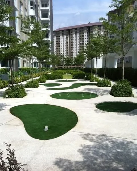 Exterior type: landscape garden; features: manicured lawn, decorative shrubs, paved walkway, artificial grass patches, landscaped garden beds, trees providing shade, seating areas, modern garden design; style: modern.