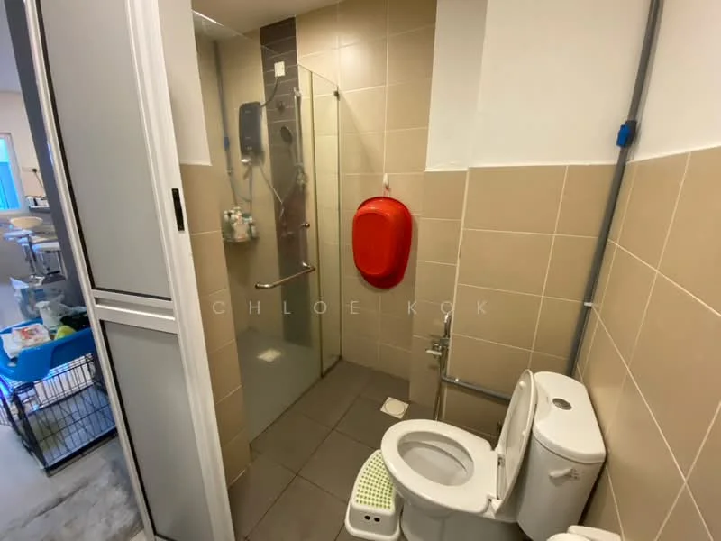 Bathroom features: glass shower enclosure, rain shower head, handheld shower, white toilet, red urinal, grey floor tiles, beige wall tiles, chrome faucet, wall-mounted towel rack, toilet paper holder; style: modern.