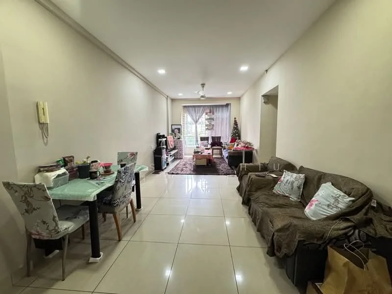 Living features: cream painted walls, glossy tile flooring, recessed downlights, sofa with throw pillows, coffee table, area rug with geometric pattern, TV console, wall-mounted TV, curtains, decorative items on shelves, dining table with chairs, decorative Christmas tree; style: modern.