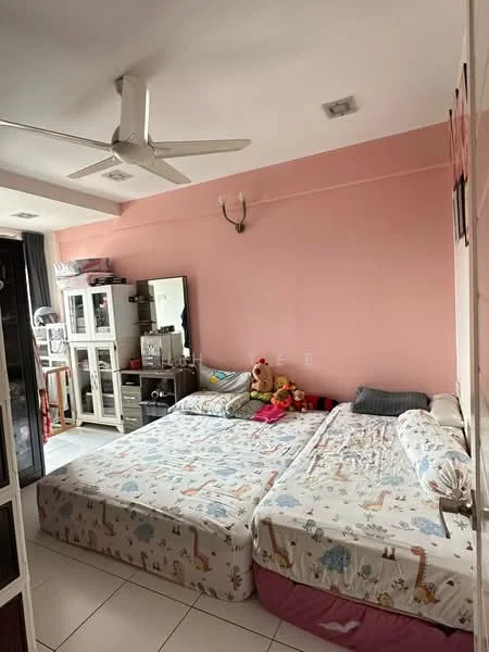 Bedroom features: two single beds with patterned bedding, pink painted walls, white tiled flooring, ceiling fan, mirror on dresser, wooden wardrobe, decorative wall antlers, stuffed animals on bed, nightstand with lamp, window with sheer curtains; style: modern.