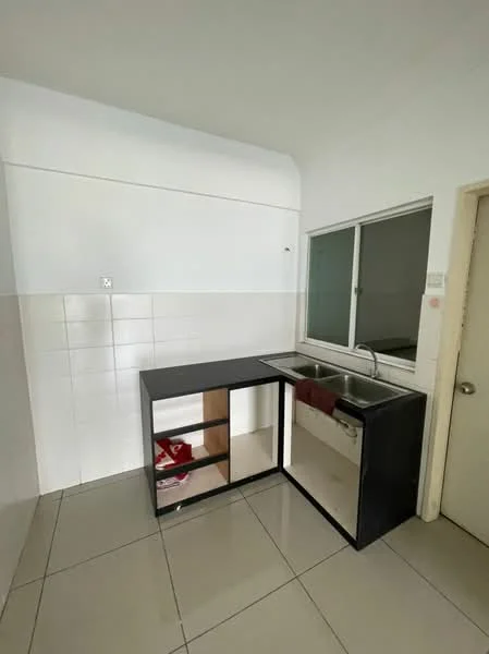 Kitchen features: single-bowl stainless-steel sink, chrome pull-down faucet, black cabinetry, white tiled backsplash, grey floor tiles, window with glass panes, open shelving, counter space; style: modern.