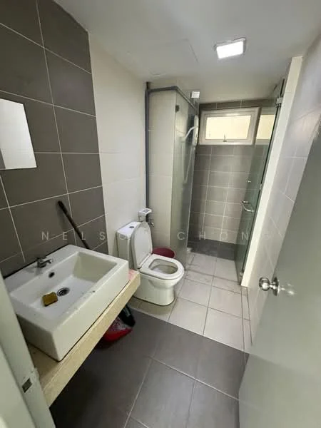 Bathroom features: single-sink vanity with stone countertop, white ceramic sink, chrome basin mixer faucet, one-piece toilet, walk-in shower with glass enclosure, rain shower head, grey tiled walls, light grey floor tiles, recessed ceiling lights, mirror above sink; style: modern.