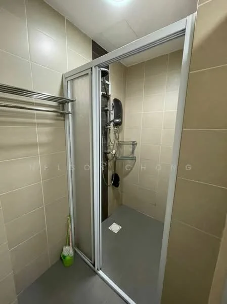 Bathroom features: glass shower enclosure, rain shower head, handheld shower, tiled walls in beige, grey vinyl flooring, chrome shower controls, towel rack, drain on floor; style: modern.