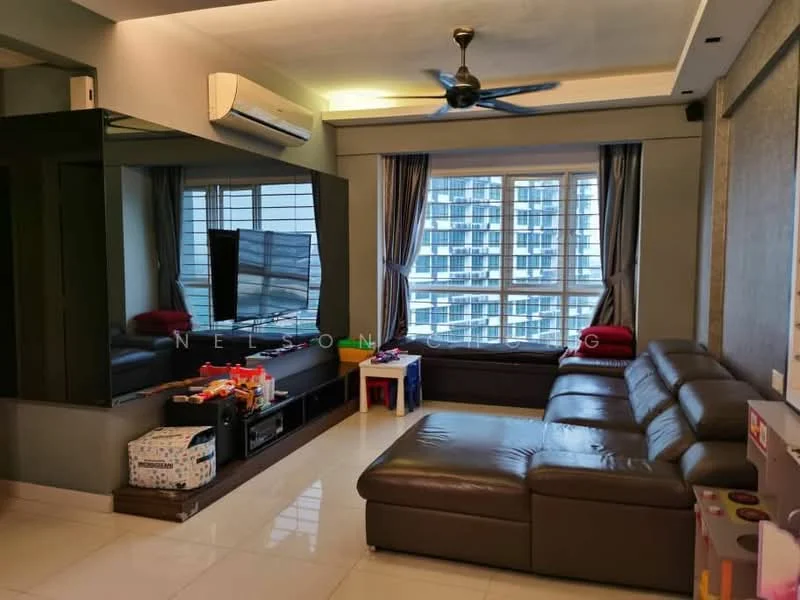 Living features: 3-seater leather sectional sofa in brown, coffee table, wall-mounted TV, TV console, floor-to-ceiling windows, curtains, ceiling fan with light, white painted walls, tile flooring, decorative wall paneling, children's toys, area rug; style: modern; view: city.