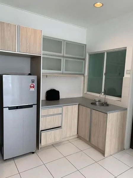Kitchen features: stainless-steel fridge, laminate cabinetry with wood finish, grey laminate countertop, single-bowl stainless-steel sink, chrome pull-down faucet, glass-front upper cabinets, tile backsplash, white tiled flooring, window with glass panes, built-in kitchen storage, open shelving; style: modern.