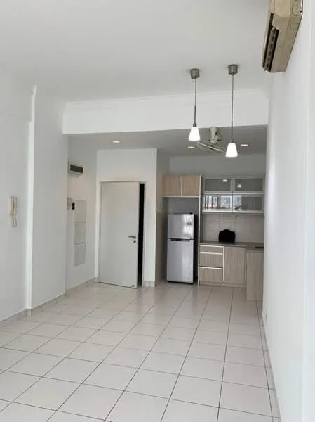 Kitchen features: white painted walls, ceramic tile flooring, recessed downlights, 2 pendant lamps, stainless-steel fridge, wood cabinetry, countertop with backsplash, open shelving, wall-mounted split AC; style: modern.