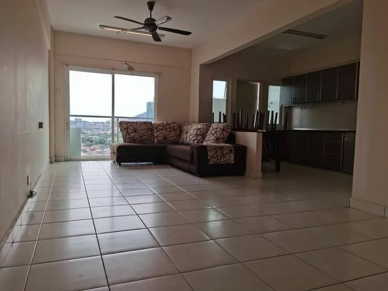 Living features: large floor-to-ceiling windows, white painted walls, tiled flooring, 3-seater fabric sofa in brown, decorative cushions, ceiling fan, open layout to kitchen, dining area with chairs stacked, natural light from windows, city view from windows; style: modern; view: city. Kitchen features: dark wood cabinetry, white countertop, built-in kitchen appliances, open layout to living area; style: modern.