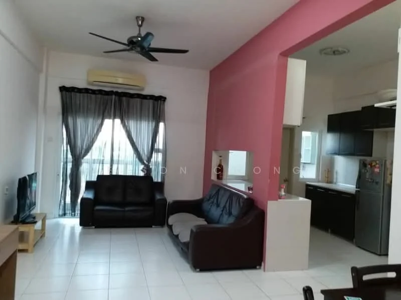 Living features: 5-blade ceiling fan with light, floor-to-ceiling windows with sheer curtains, black leather 3-seater sofa, brown leather 2-seater sofa, TV console, wall-mounted TV, white tiled flooring, air conditioning unit; style: modern; view: city. Kitchen features: black cabinetry, stainless-steel fridge, built-in oven, ceramic cooktop, white countertops, window above sink; style: modern.