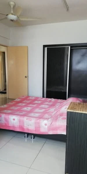 Bedroom features: queen-size bed with pink patterned bedding, black wooden headboard, built-in wardrobe with sliding doors, white painted walls, ceiling fan, tile flooring, nightstand, door leading to another room; style: modern.