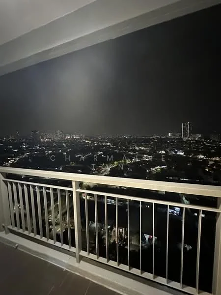 Balcony features: metal railing, tile flooring, city skyline view, outdoor lighting; style: modern; view: city.