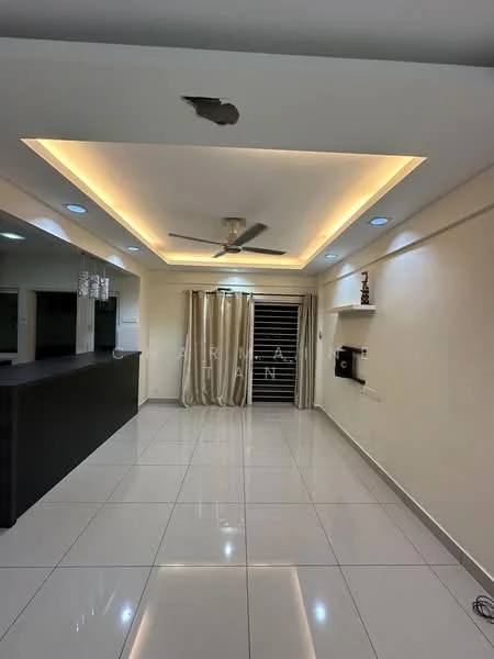 Living features: white painted walls, glossy tile flooring, tray ceiling with recessed lighting, 5-blade ceiling fan with light, curtains, sliding glass door, wall-mounted unit, decorative wall feature; style: modern.
