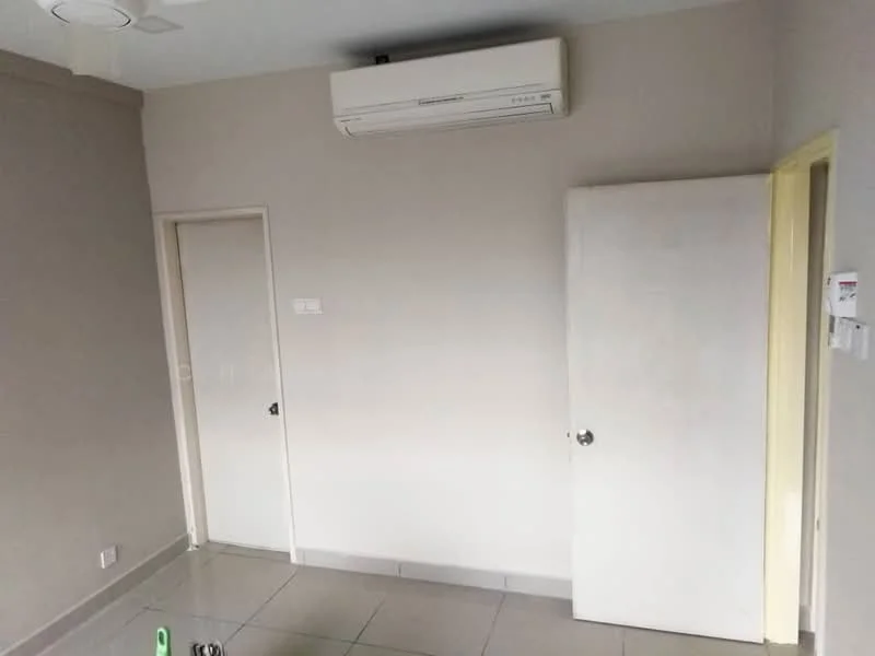 Room features: light grey painted walls, white door, air conditioning unit, grey tiled flooring, white ceiling, light switch, door frame, corner baseboard.