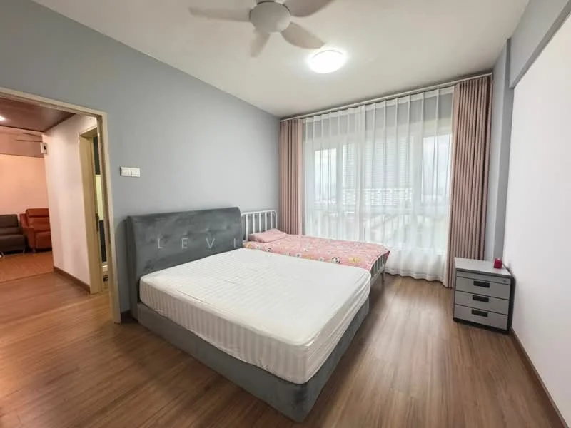 Bedroom features: queen-size bed, upholstered headboard, wooden flooring, floor-to-ceiling windows, sheer curtains, wall-mounted light fixture, nightstand with drawer, decorative wall, ceiling fan; style: modern; view: city.