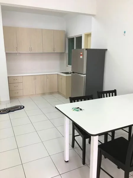 Kitchen features: light wood cabinetry, white countertop, stainless-steel fridge, built-in sink, ceramic tile flooring, white walls, window above sink, dining table with black chairs; style: modern.