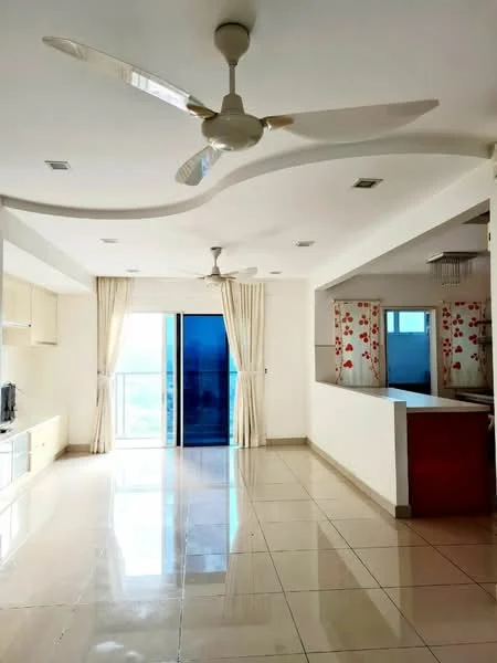 Living features: white painted walls, cream tiled flooring, 5-blade ceiling fan with light, floor-to-ceiling windows, sheer curtains, open layout to kitchen, recessed lighting, decorative wall with floral pattern, TV console, sliding glass door; style: modern; view: city.