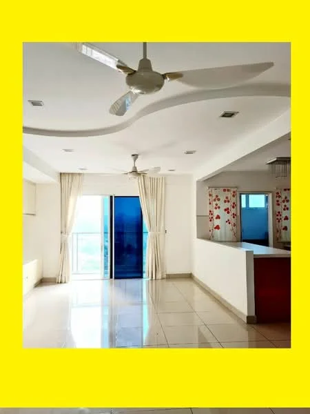 Living features: white painted walls, cream ceiling with curved design, large sliding glass door, floor-to-ceiling windows, light-colored tile flooring, 5-blade ceiling fan, sheer curtains, open kitchen layout, red accent wall with floral pattern, recessed lighting; style: modern.