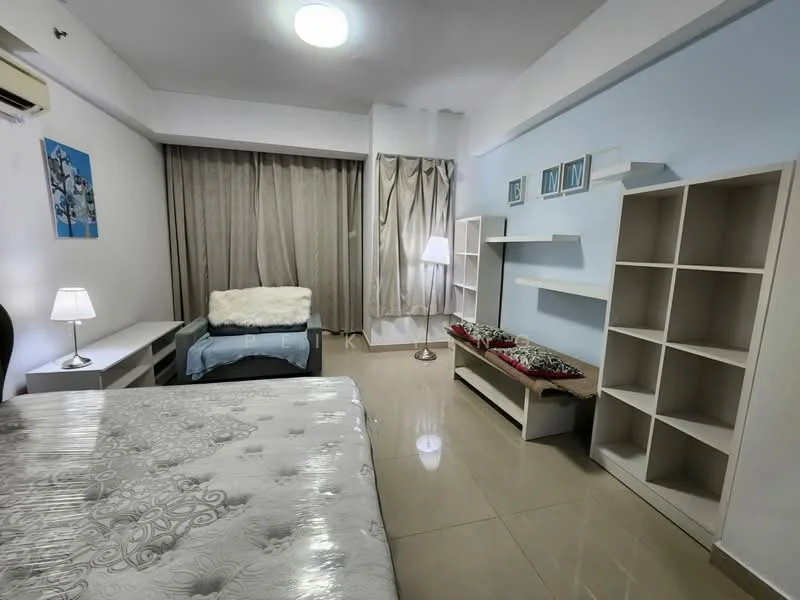 Bedroom features: queen-size bed with patterned mattress, upholstered headboard, bedside lamp, light blue throw blanket, curtains, wall-mounted shelves, storage unit with open cubbies, polished tile flooring, ceiling light fixture, wall art with abstract design; style: modern.