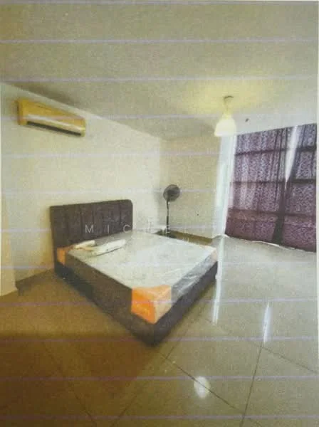 Bedroom features: king-size bed, upholstered headboard, ceiling fan, wall-mounted split AC, tile flooring, floor-to-ceiling window, sheer curtains, decorative light fixture.