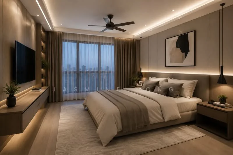 Bedroom features: king-size bed with grey bedding, upholstered headboard, 2 bedside tables, wall-mounted TV, floating TV console, 5-blade ceiling fan, recessed LED downlights, floor-to-ceiling windows, sheer curtains, decorative wall art, wooden flooring, built-in wardrobe with sliding doors; style: modern; view: city.