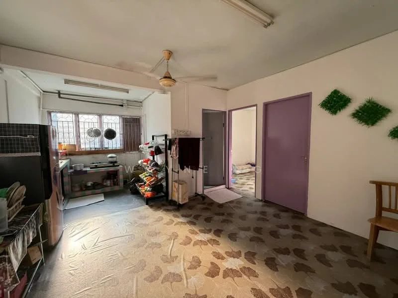 Room features: ceiling fan, wall-mounted cabinets, open shelving, kitchenette area, tile flooring, purple doors, decorative wall plants, natural light from windows, clothes rack, wooden chair.