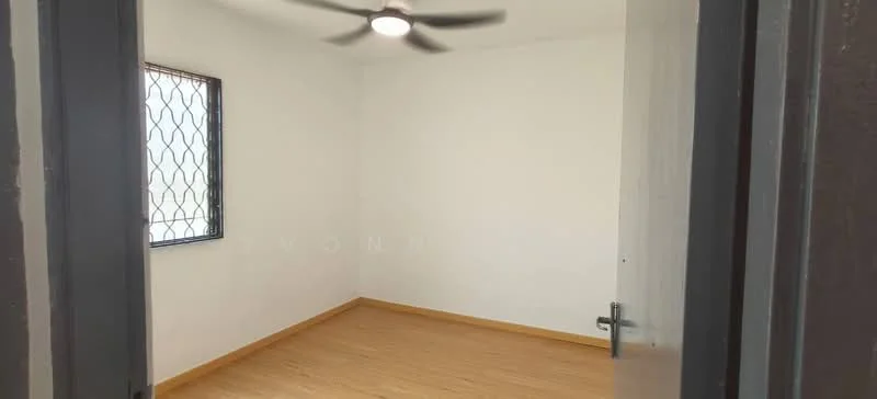 Room features: white painted walls, wooden flooring, ceiling fan, window with security grille, natural light from window.