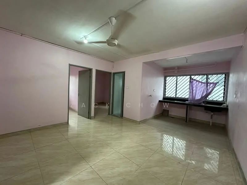 Room features: pink painted walls, glossy beige tile flooring, ceiling fan, large window with security bars, utility counter with sink, two doors leading to other rooms, fluorescent ceiling light; style: minimalist.
