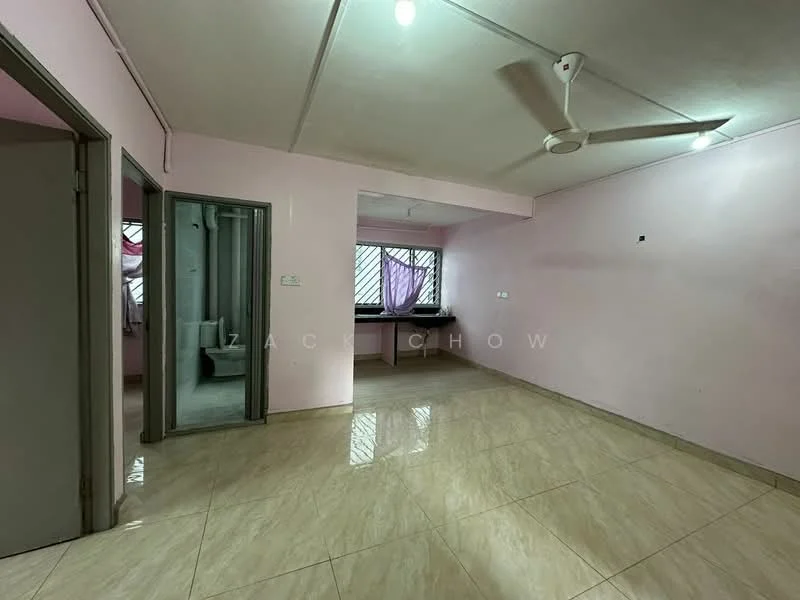 Living features: pink painted walls, glossy ceramic tile flooring, ceiling fan, large window with security bars, doorway to bathroom, doorway to another room, recessed lighting; style: modern. Room features: grey painted walls, ceramic tile flooring, doorway leading to living area.