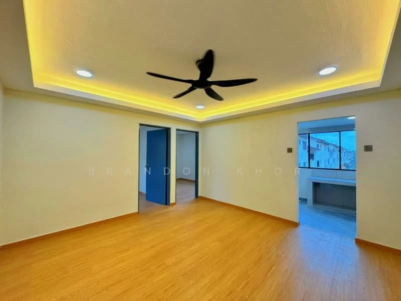 Room features: wooden flooring, yellow painted walls, recessed ceiling lights, 5-blade ceiling fan, doorway leading to another room, doorway leading to balcony, crown moulding, natural light from windows; style: modern.