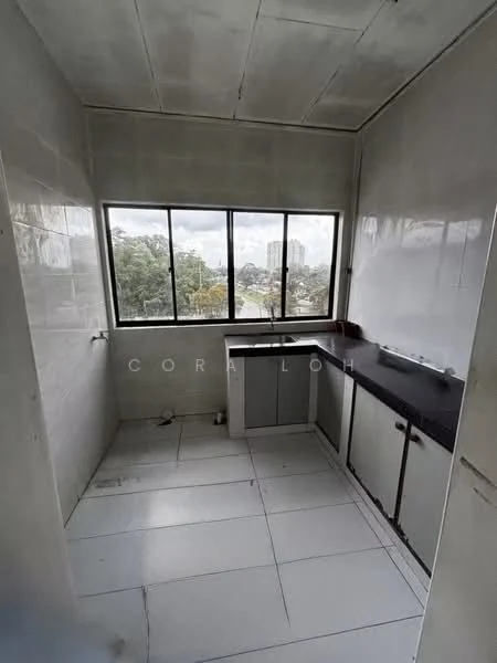 Kitchen features: white tiled walls, white tiled flooring, black countertop, single-bowl sink, window with city view, cabinets with white doors, no visible appliances, minimalist design; style: minimalist; view: city.