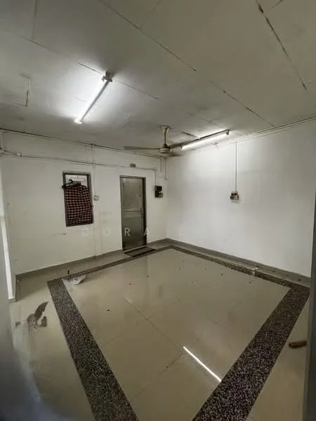 Room features: white painted walls, polished tile flooring, ceiling fan, fluorescent lighting, metal door, decorative border on floor, power outlets, hanging fabric on wall; style: minimalist.