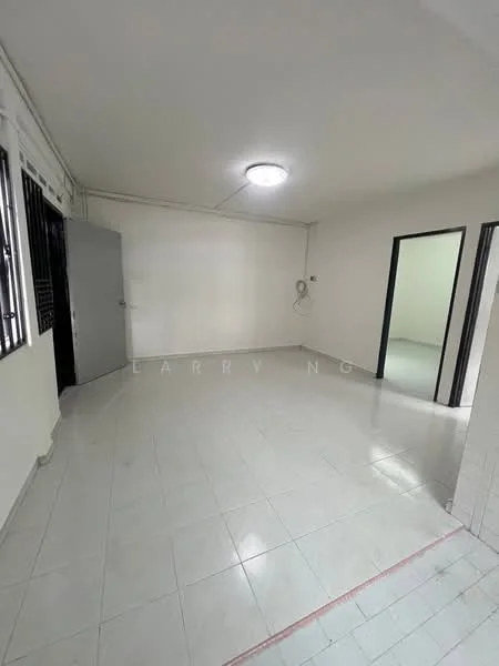 Room features: white painted walls, white tiled flooring, ceiling light fixture, single door, double door, window with security bars.