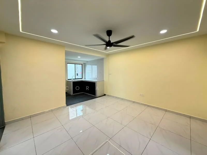 Living features: white painted walls, polished ceramic tile flooring, 5-blade ceiling fan with light, recessed LED downlights, large window, open layout to kitchen, neutral color scheme, corner for potential furniture placement; style: modern. Kitchen features: black cabinetry, white countertops, built-in kitchen appliances, open layout to living area; style: modern.