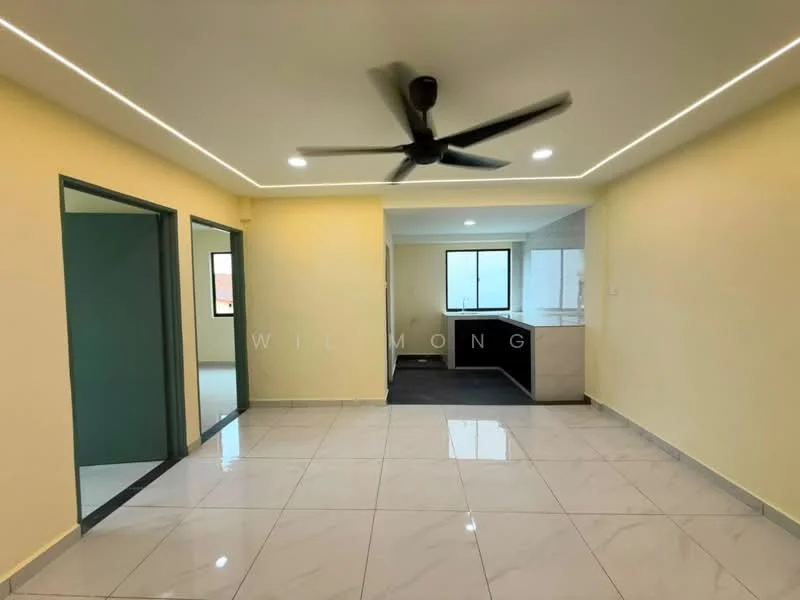 Living features: white painted walls, grey tiled flooring, 5-blade ceiling fan with light, recessed LED downlights, large window with city view, open layout to kitchen, doorway to adjacent room, doorway to hallway; style: modern; view: city. Kitchen features: black countertop, white cabinetry, stainless-steel sink, built-in stove, wall-mounted cabinets; style: modern.