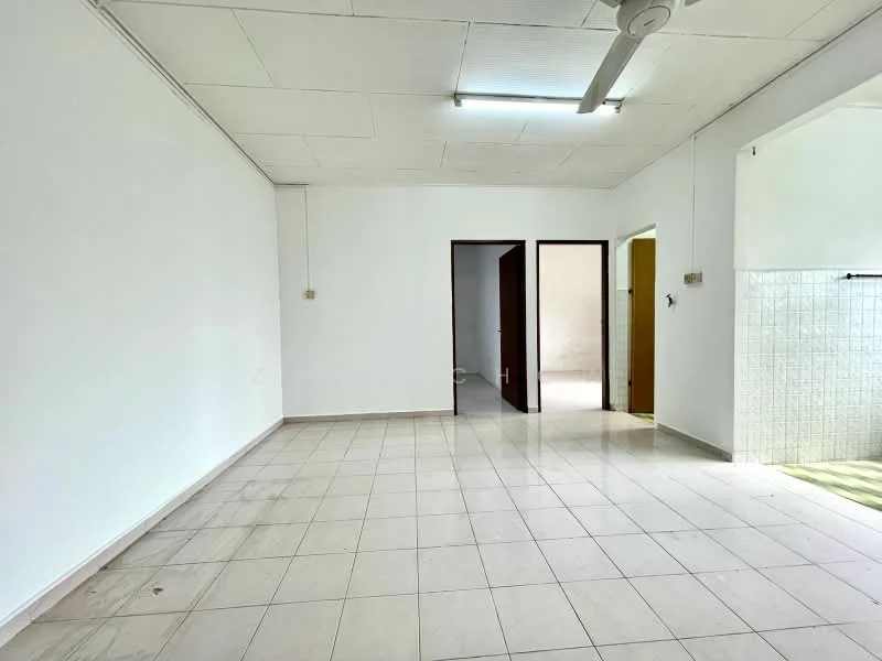 Room features: white painted walls, tile flooring, ceiling with recessed lights, ceiling fan, two doorways leading to other rooms, window with natural light, neutral color scheme.
