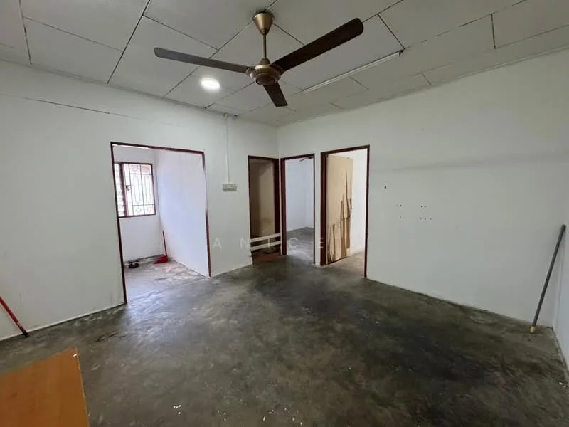 Room features: concrete flooring, white painted walls, ceiling fan, multiple doorways, window with grille, exposed ceiling, light fixture, unfinished walls in adjacent rooms; style: minimalist.