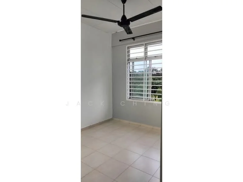 Room features: white painted walls, tile flooring, ceiling fan, large windows, natural light, view of greenery.