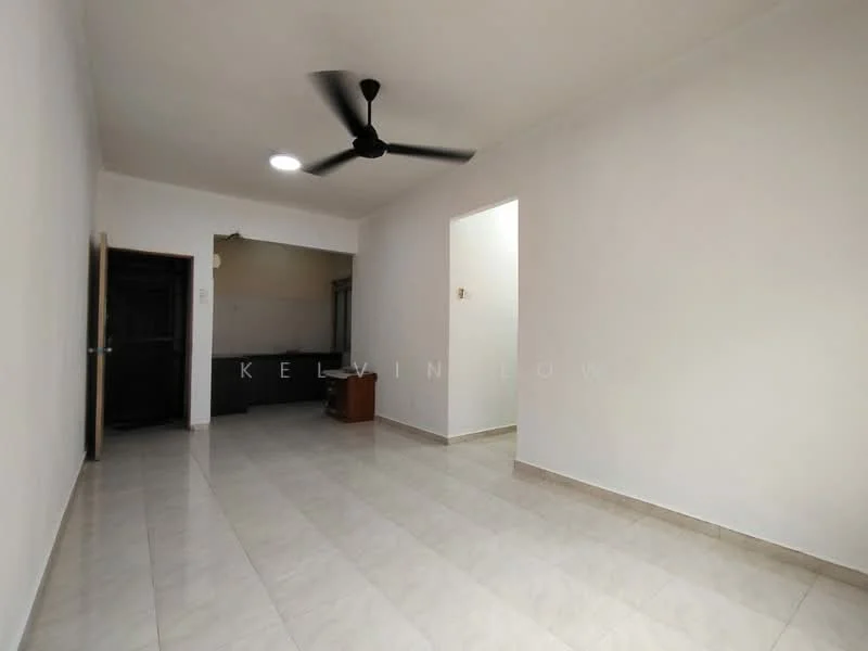 Living features: white painted walls, ceramic tile flooring, 5-blade ceiling fan, recessed ceiling light, doorway leading to kitchen, doorway leading to hallway, neutral color scheme, open layout; style: modern.