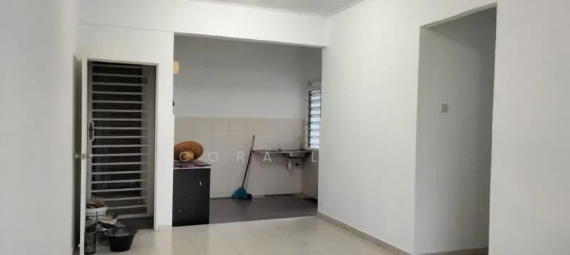 Room features: white painted walls, tile flooring, kitchen area visible, single-bowl stainless-steel sink, kitchen cabinetry, window with horizontal blinds, cleaning supplies visible, open layout; style: modern.