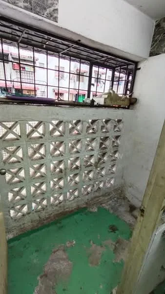 Room features: green painted flooring, white decorative block wall, metal window grill, exposed concrete walls, natural light from window; style: minimalist.