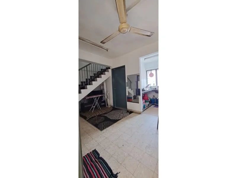 Room features: ceiling fan, staircase, mirror, area rug with geometric pattern, tile flooring, white painted walls, window with natural light, open space layout; style: modern.