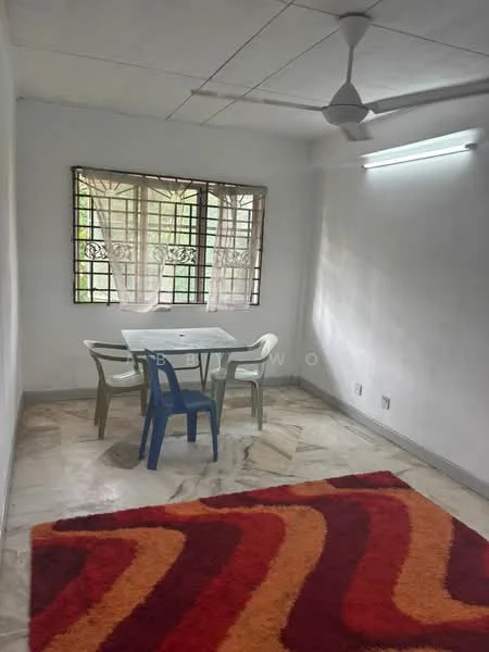 Room features: white painted walls, marble flooring, 5-blade ceiling fan, window with metal grille, table with four chairs, area rug with geometric pattern, natural light from window, light fixture on ceiling; style: minimalist; view: garden.