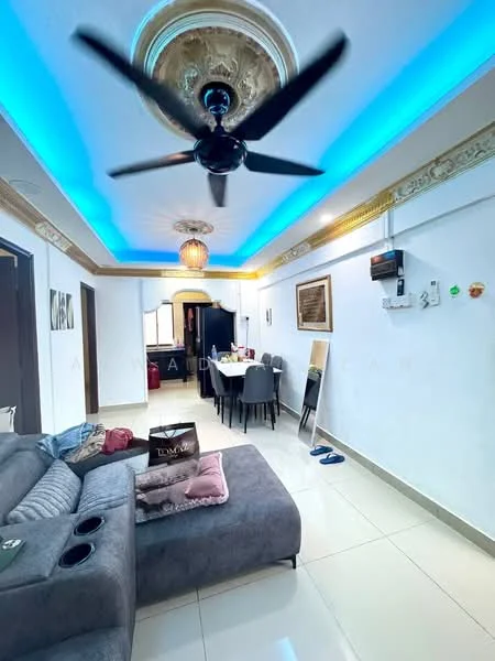 Living features: grey fabric sofa with cup holders, white painted walls, recessed ceiling with blue LED lighting, chandelier, ceiling fan with light, tile flooring, dining table with chairs, mirror, decorative wall art, wall-mounted electrical outlets; style: modern.