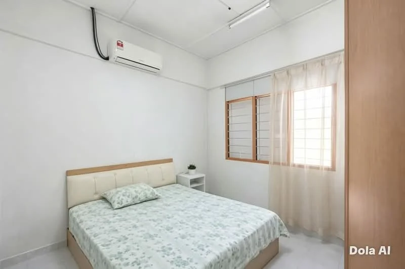 Bedroom features: queen-size bed with upholstered headboard, light-colored bedding with floral pattern, white painted walls, vinyl plank flooring, 1 wall-mounted split AC, window with white grid design, sheer curtains, nightstand, decorative plant on nightstand, ceiling light fixture; style: modern.