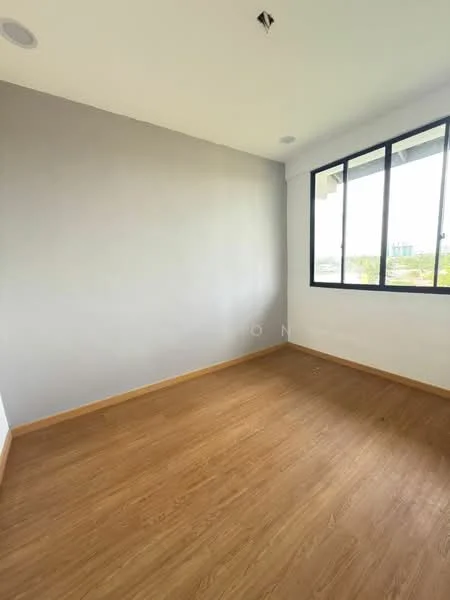 Room features: light grey painted walls, laminate wood flooring, floor-to-ceiling windows, natural light from window, no visible furniture, ceiling lights; style: modern; view: city.