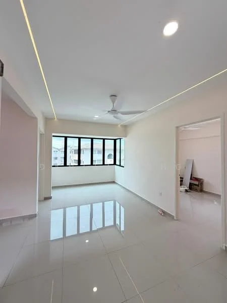 Living features: white painted walls, glossy ceramic tile flooring, 5-blade ceiling fan with light, floor-to-ceiling windows, natural light from windows, recessed LED downlights, neutral color scheme, open layout; style: modern; view: city.