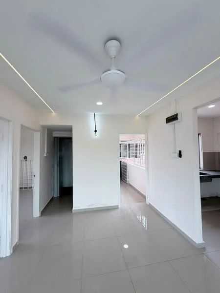 Room features: white painted walls, polished ceramic tile flooring, 5-blade ceiling fan with light, recessed LED downlights, doorway leading to another room, doorway leading to balcony, wall-mounted air conditioning unit, large window with security grille; style: modern.